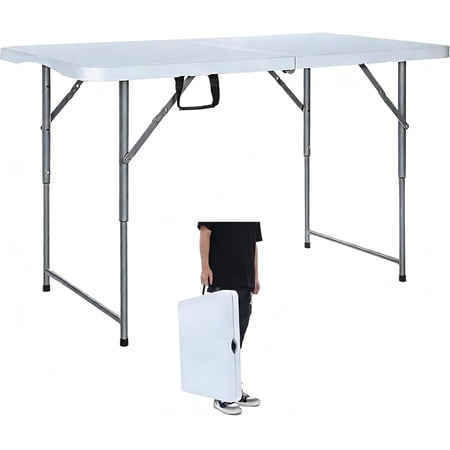 Folding Table 4 Foot Portable Heavy Duty Plastic Fold-in-Half Utility Table with Carrying Handle,Indoor Outdoor Small Adjustable Height Folding,Camping and Party,White