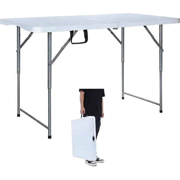 Folding Table 4 Foot Portable Heavy Duty Plastic Fold-in-Half Utility Table with Carrying Handle,Indoor Outdoor Small Adjustable Height Folding,Camping and Party,White