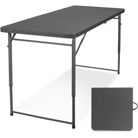Folding Table 4 Foot, Portable Plastic Card Heavy Duty Fold-in-Half Small Foldable Table, Indoor Outdoor Adjustable Height Folding Table with Carrying Handle for Picnic, Camping, Party, Grey