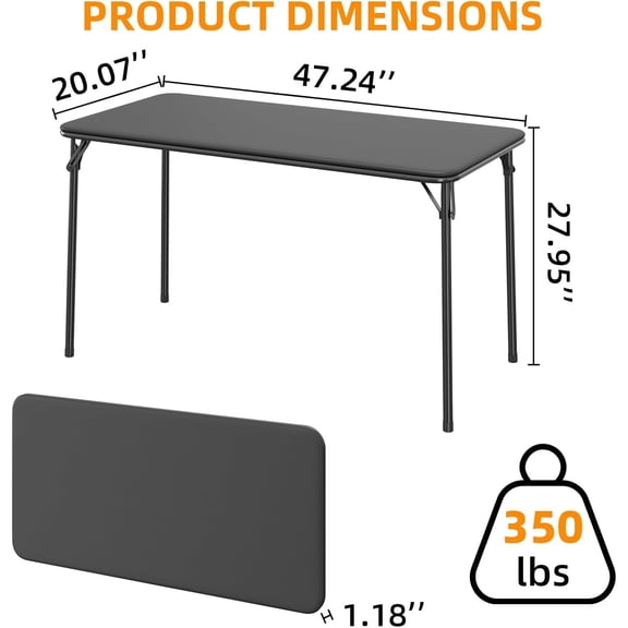 Folding Table 4 Foot with Upholstered PU Leather Tabletop, Heavy Duty Metal Legs, Collapsible Design & Shelf Bracket, No Assembly Required, Indoor Outdoor Use, Black