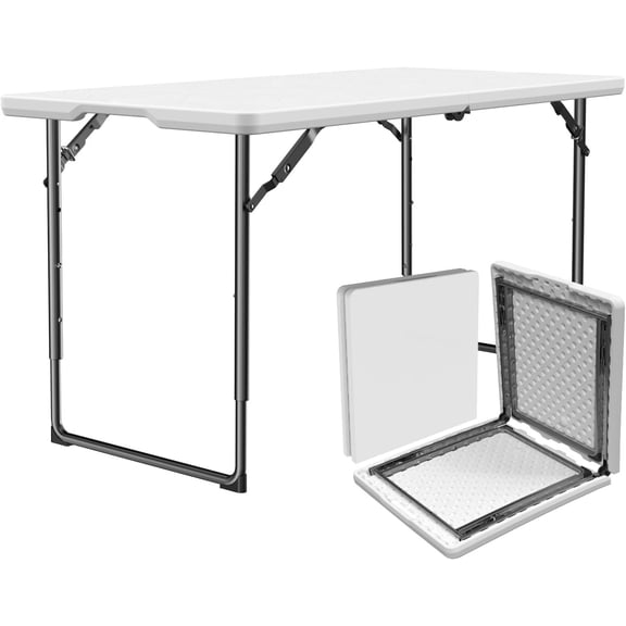 Folding Table 4FT, Heavy Duty Fold-in-Half Plastic Table with Adjustable Height, Portable Utility Tables
