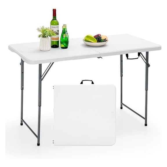 Folding Table, 4FT Portable Plastic Picnic Table with 3 Adjustable Height & Handle, Fold-in-Half 330LBS Heavy Duty Foldable Table for Indoor Outdoor Party, Wedding, Camping, Dining