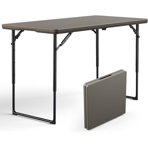 Folding Table 4ft - Heavy Duty Fold-in-Half Plastic Table with Adjustable Height, Portable Utility Tables with Steel Legs for Indoor, Outdoor, Picnic, Camping, Dining, Party (Khaki)
