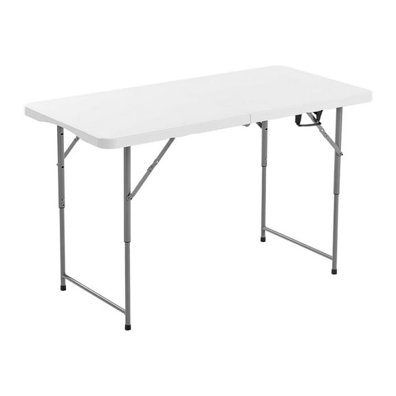 Folding Table 4ft Heavy Duty Portable - Adjustable Height Plastic Utility Table for Camping, Picnic, Party - Indoor/Outdoor Rectangle Table with Handle - White
