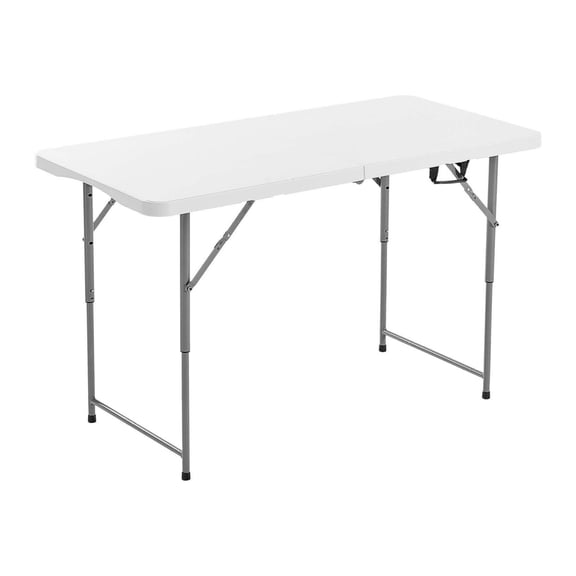 Folding Table 4ft Heavy Duty Portable - Adjustable Height Utility Table for Camping, Picnic, Party - Indoor/Outdoor Plastic Rectangle Table with Handle - White