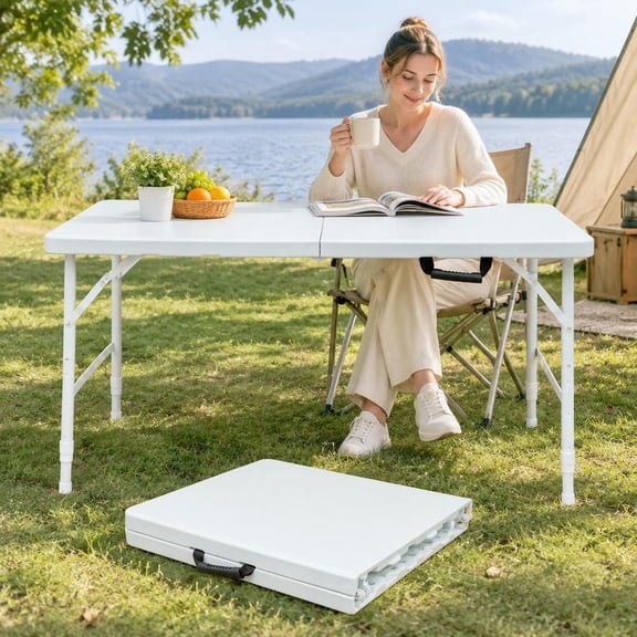 Folding Table, 4ft Portable Plastic Folding Table with Steel Frame, Carrying Handle, for Indoor and Outdoor Camping, White