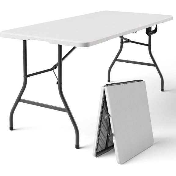 Folding Table, 5FT Foldable Picnic Table with Adjustable Height, Heavy Duty Fold-in-Half Portable Table for Weddings, Camping, RV Travel, Parties, BBQs, and Indoor Use