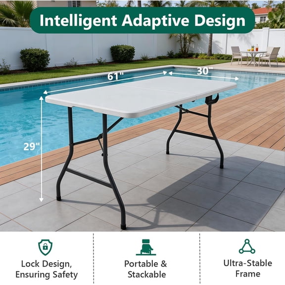 Folding Table 5FT Heavy Duty Plastic Table, Foldable Portable Utility Tables for Outdoor Dining Wedding Events Indoor Picnic Camping Party White