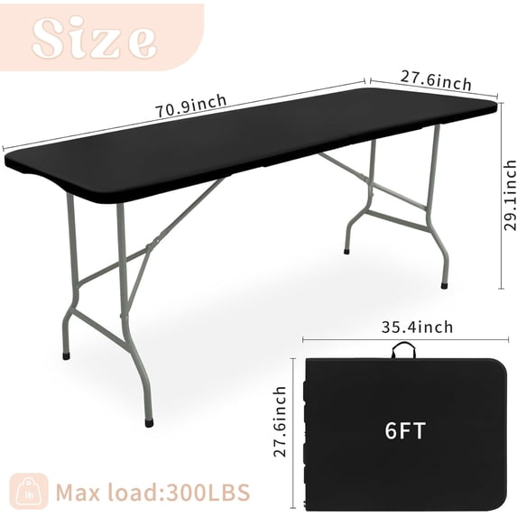 Folding Table 6 FT Camping Table Portable Plastic Rectangular Outdoor Dining Table Steel Legs Fold-in-Half with Carrying Handle for Indoor,Picnic,Party,Wedding,Events(Black)
