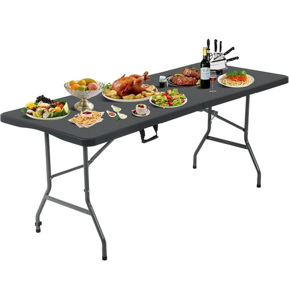 Folding Table 6 FT Plastic Foldable Table with Portable Carrying Handle for Party Picnic Camping BBQ Dining Kitchen, Black