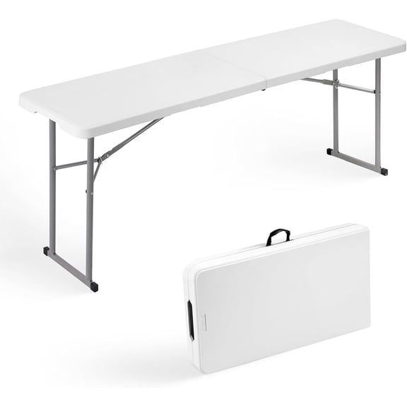 Folding Table 6 Foot Narrow Portable Plastic Heavy Duty Fold-in-Half with Carrying Handle White 70.9 In L x 17.7 In W x 29.1 In H