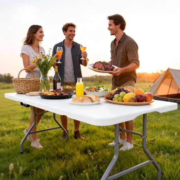 Folding Table 6FT Heavy Duty 350 LBS Support with 18% Thicker HDPE Top, Portable Fold in Half Steel Frame for Indoor Outdoor Party Events