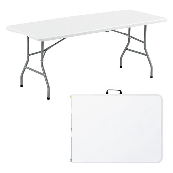 Folding Table 6FT Portable Heavy Duty Plastic Table with Carrying Handle Fold-in-Half Utility Foldable Tables for Parties Wedding Events Dining Indoor Outdoor Picnic (White)