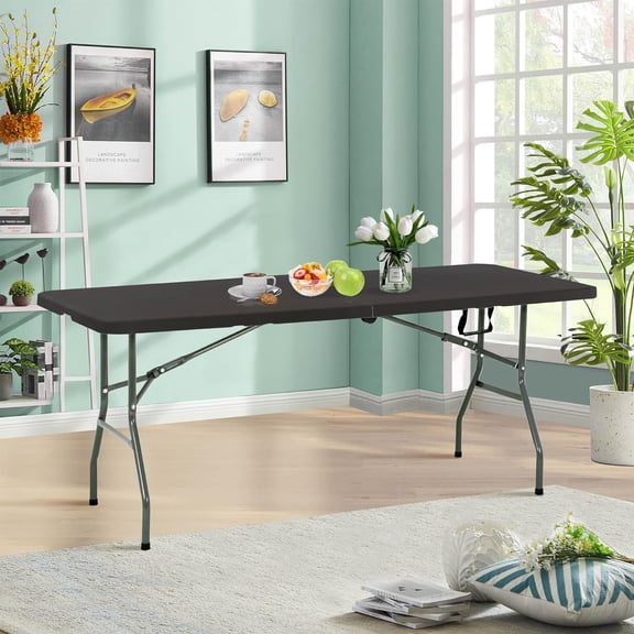 Folding Table, 6ft Portable Folding Tables with Lock Function and Handle, Heavy Duty Foldable Table Lightweight Dining Table for Indoor Outdoor Parties Wedding Camping Picnic Backyard BBQ, Black