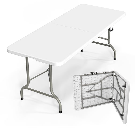 Folding Table 6ft, Portable Plastic Long Table for Parties, Banquets, Camping, Crafting, Dining, Indoor Outdoor Use, Wedding Events, White