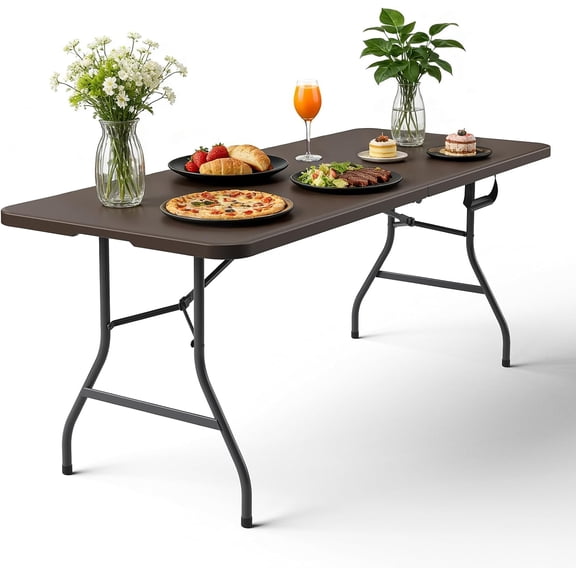 Folding Table 72" x 30" - Heavy Duty Plastic Table with Handle, Foldable&Portable, Fold-in-Half Utility Tables for Outdoor, Dining, Wedding, Events, Indoor, Picnic, Camping, Party, Khaki