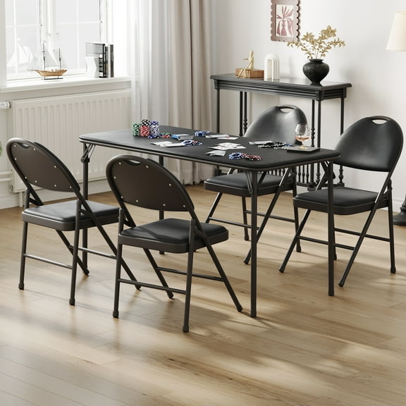 Protable Folding Table and Chairs, 5 Piece Folding Card Table and Chairs Set, Foldable Upholstered Table and Chairs Set of 5, for Dining Room, Living Room, Office, Camping