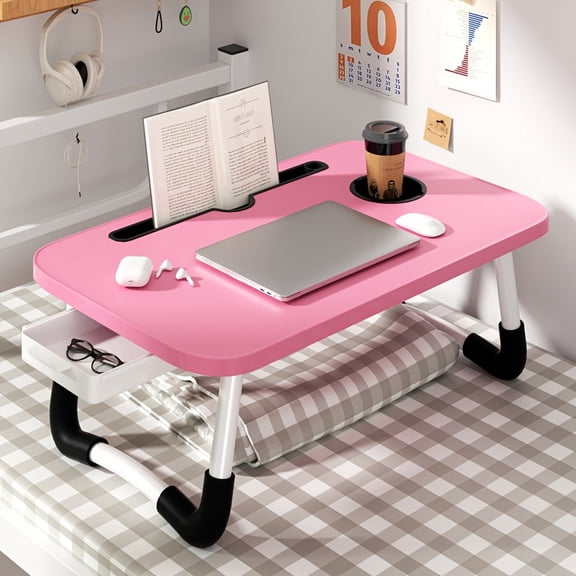 Folding Table with Drawers & Cup Slots | Portable Bed Desk for Work, Reading & Eating | Foldable Design for Sofa, Floor & Office Use | Multi-Functional for Living Room & Bedroom
