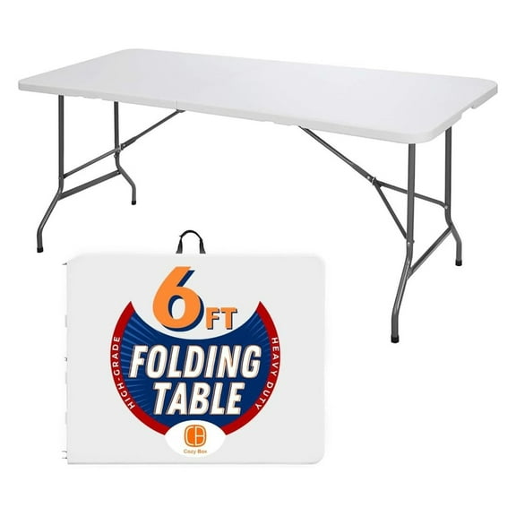 Folding Table Indoor Outdoor Heavy Duty Portable Folding Plastic Dining Table w/Handle, Lock for Picnic, Party, Camping - White (4ft, 6ft, 8ft) (6ft)