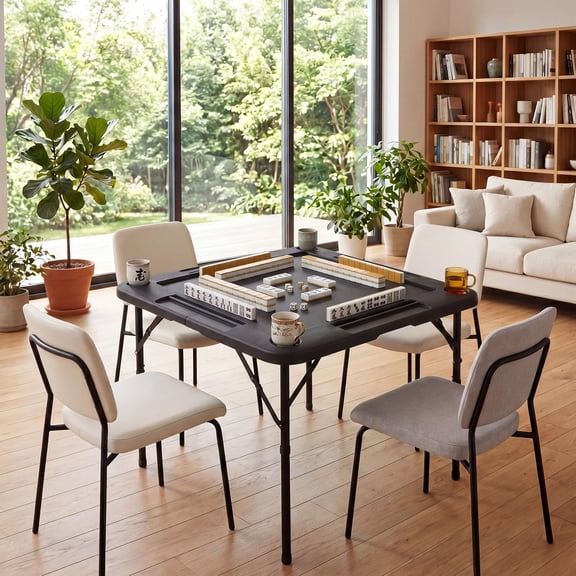 Folding Table, Mahjong Table, 34 Inch Square Poker Game Table , 4 Cup Holders, Chip Trays, HDPE Top, Steel Frame, Portable Indoor Outdoor Table, No Tablecloth, 4 Player