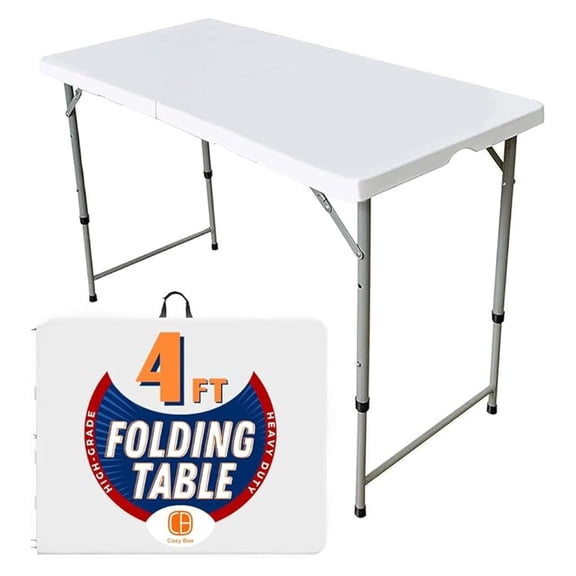 Folding Table Portable Heavy Duty - 4ft Plastic Dining Table w/Handle & Lock, Indoor Outdoor for Picnic, Camping, Party, White