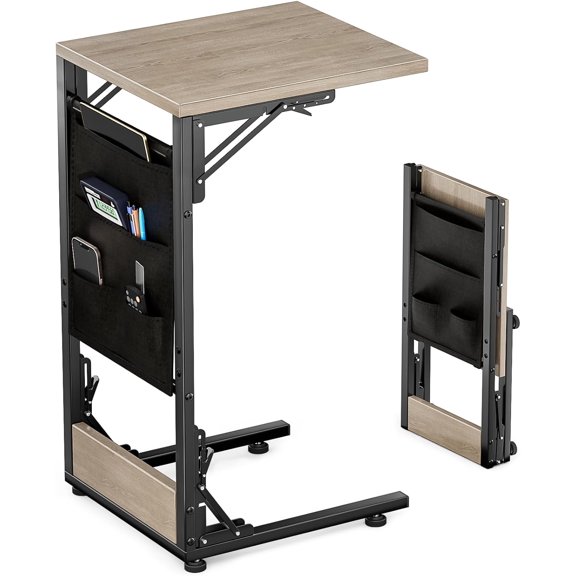 Folding Table, Small Folding Side Table with Storage Bag, Portable C Shaped End Table for Couch Sofa Bed, Oak Gray