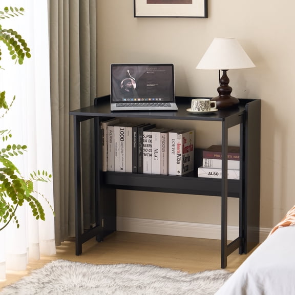 Folding Table with Storage Shelf, 32.6 Inch Foldable Computer Desk for Small Spaces, Small Writing Desk for Bedroom Home Office Dorm and Apartment, Black