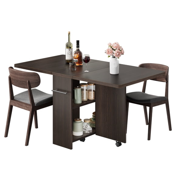 Folding Table with Storage Shelves, Extendable Drop Leaf Dining Table for 4, 2-Tier Space Saving Design, Collapsible for Kitchen, Apartment, or Breakfast Nook, Walnut