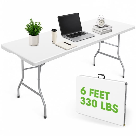 6FT Folding Table - Heavy-Duty Portable Dining Table for Party, Camping, Picnic, Craft Table, Indoor & Outdoor Table, White
