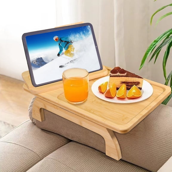 Folding Table, Wide Clamp-On Sofa Table with 360 Rotating Phone/Tablet Holder, Ideal for Leisure, Binge-Watching, Snacks, and Drinks