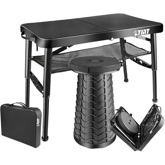 Folding Table and Stool Set Black 4 Foot Portable Adjustable Height Camping Picnic RV Table 55 Lb Capacity Lightweight