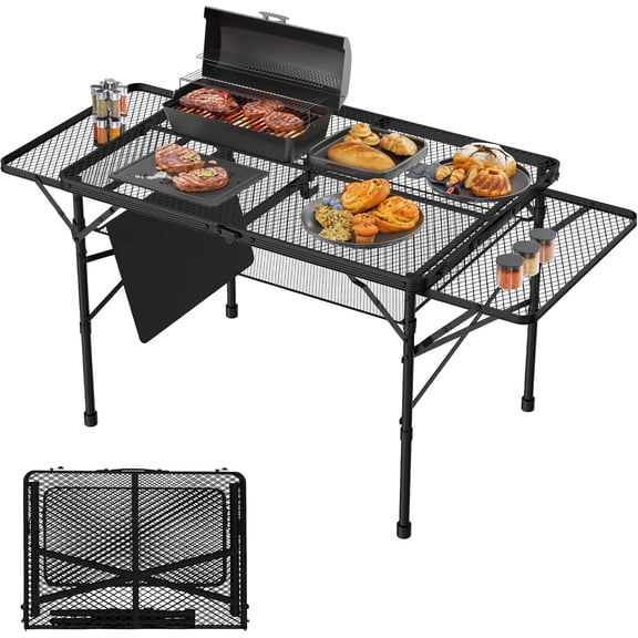Folding Table with 2 Wing Panels 3x2 FT Height Adjustable Mesh Desktop Portable Outdoor Table