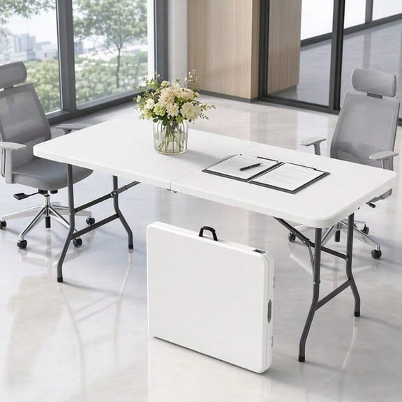 Folding Table with Carrying Handle, Portable Heavy-Duty Rectangular Utility Table for Indoor and Outdoor Use, White, 4 FT