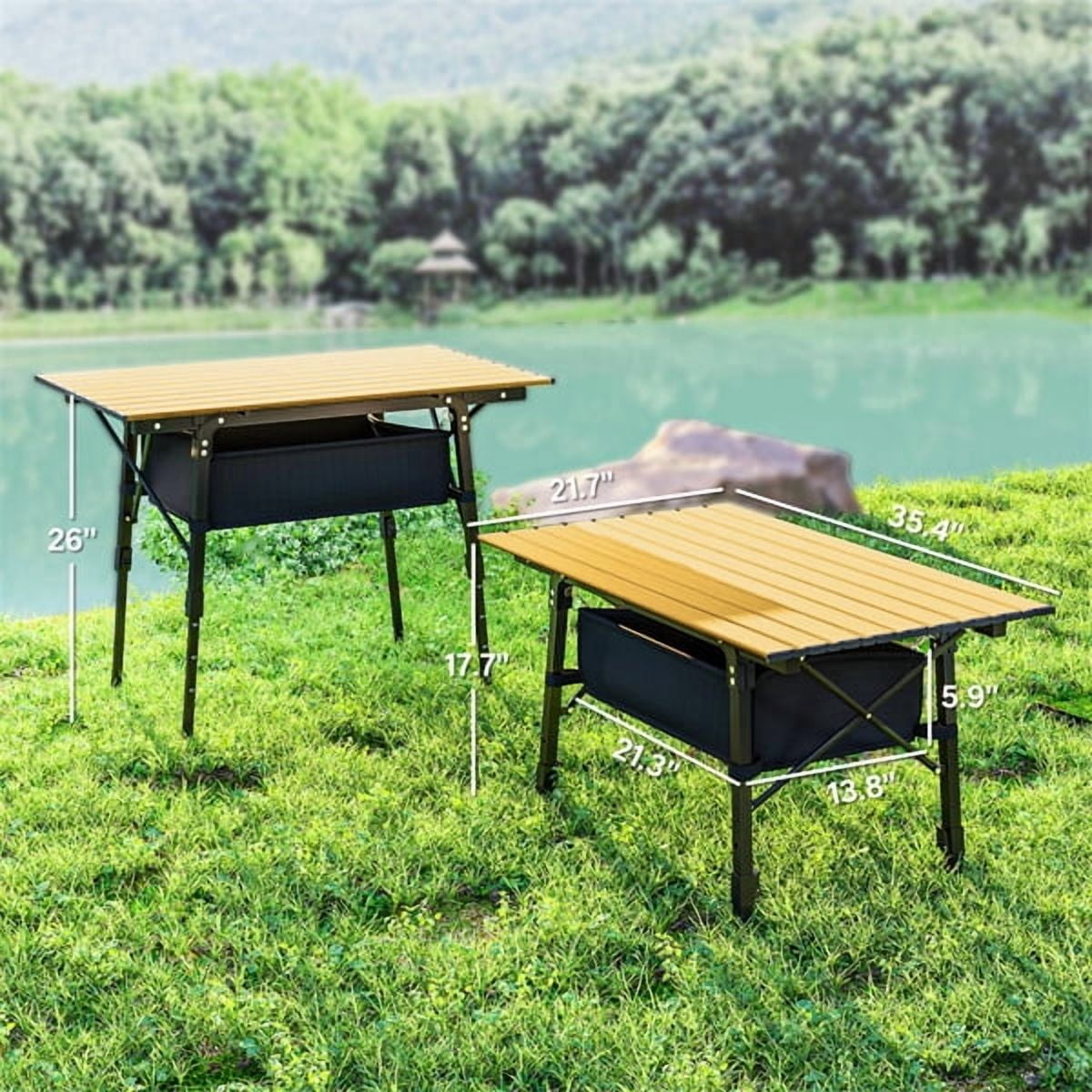Folding Table with Storage Basket, 26" Adjustable Height Portable Camping Table Aluminum Foldable Dining Table for Outdoor Indoor, Black & Wood Color