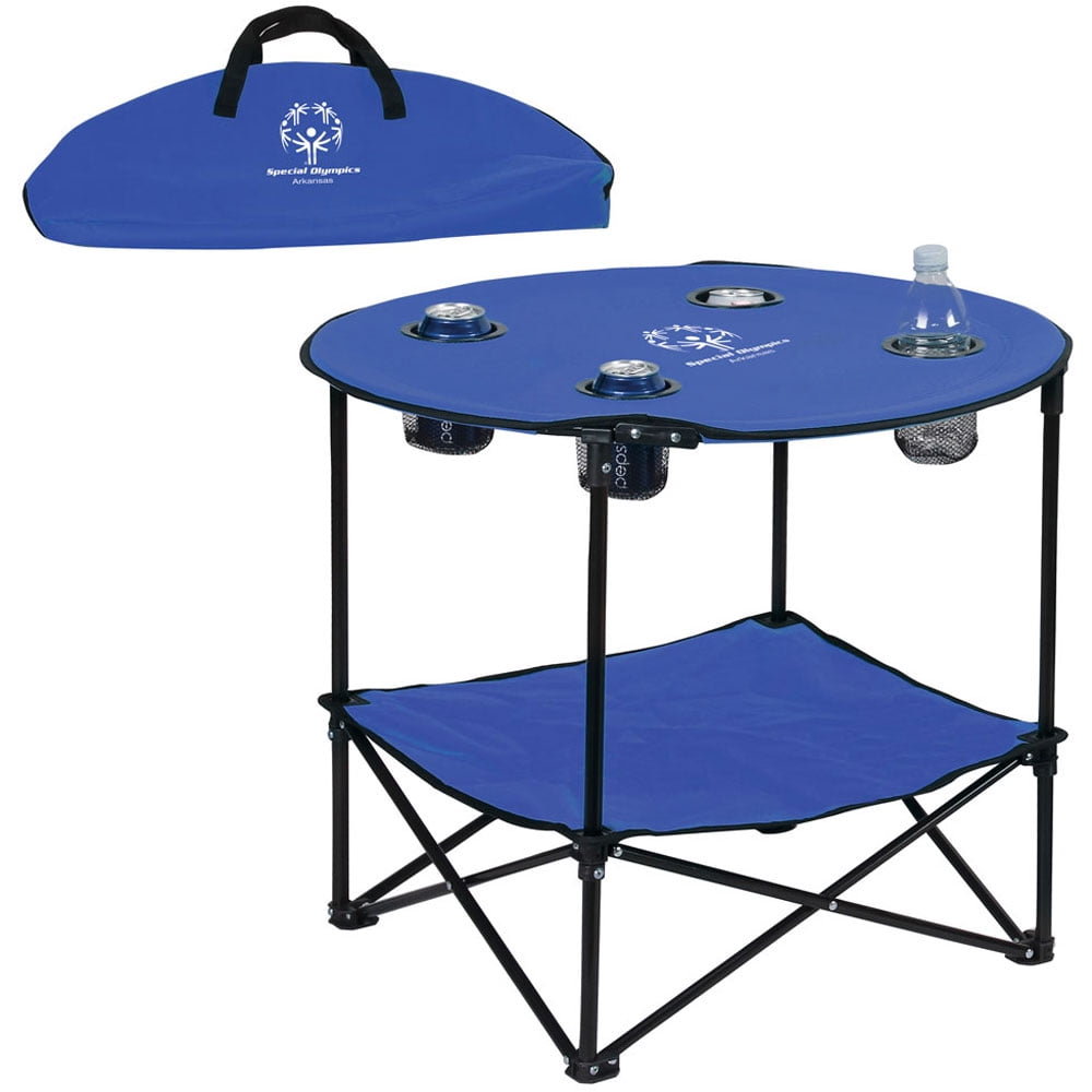 Blue Polyester Folding Camping Table with Mesh Cup Holders