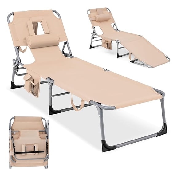 Folding Tanning Chair Lounger - Beach Chair with Face & Arm Holes, Portable Sun Lounger, Adjustable Recliner for Outdoor Indoor Use, Lightweight Layout Chair