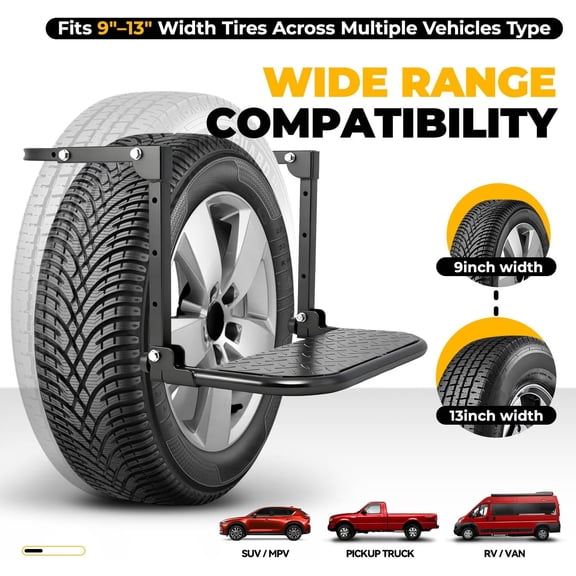 Folding Tire Step for Pickup Truck, SUV and RV, Adjustable Portable Mounted Wheel Step Fit Most Tire from 9" to 13", Rated up to 330 Lbs, Non-Slip Texture Surface