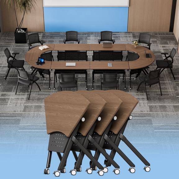 Folding Training Table Walnut Foldable Conference Room Table on Wheels Fan-shaped Meeting Table 4PCS