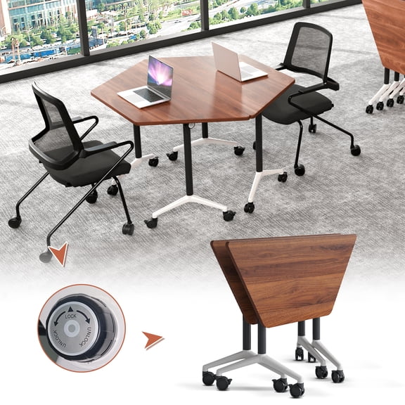 Folding Training Table Walnut Foldable Conference Room Table on Wheels Trapezoid Meeting Table 2PCS