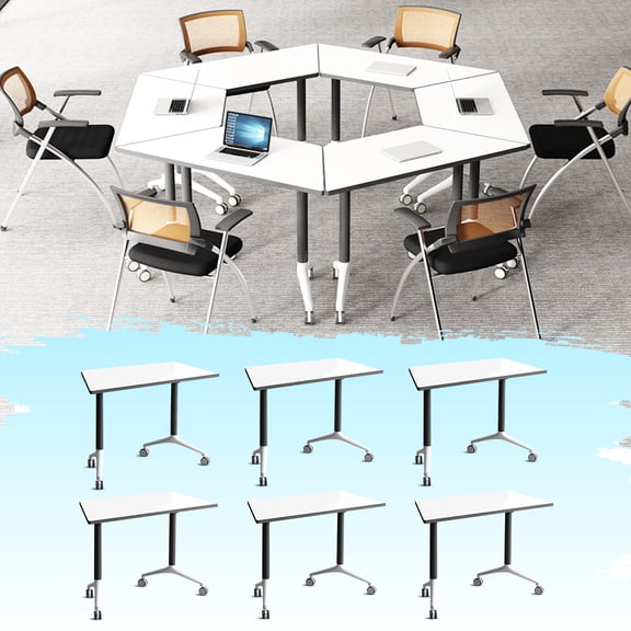 Folding Training Table White Foldable Conference Room Table on Wheels Trapezoid Meeting Table 6PCS