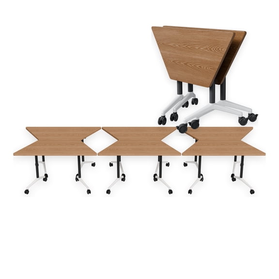 Folding Trapezoid Conference Table with Wheels, Flip Top Conference Room Table, Modular Fan-Shaped Training Room Table for Meeting, Seminar, Classroom & Office, Brown, Set of 2
