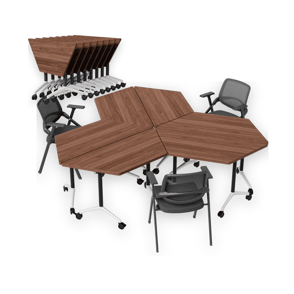 Folding Trapezoid Conference Table with Wheels, Flip Top Conference Room Table, Modular T-Shaped Training Room Table for Meeting, Seminar, Classroom & Office, Black, Set of 2