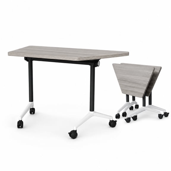 Folding Trapezoid Conference Table with Wheels, Flip Top Conference Room Table, Modular T-Shaped Training Room Table for Meeting, Seminar, Classroom & Office, Brown, Set of 2