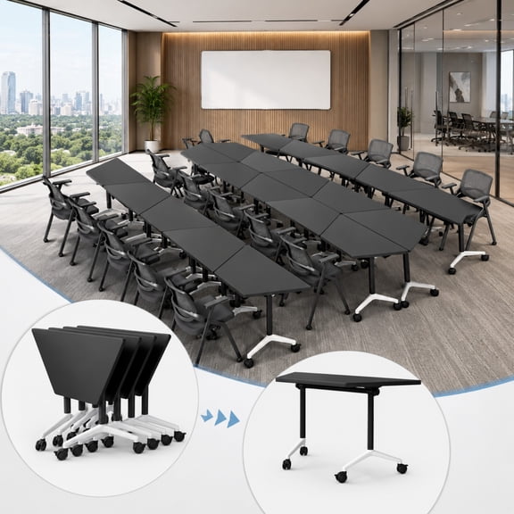 Folding Trapezoid Conference Table with Wheels, Flip Top Conference Room Table, Modular T-Shaped Training Room Table for Meeting, Seminar, Classroom & Office, Walnut, Set of 2