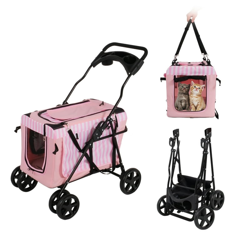 3 in 1 Detachable Small Cat Dog Travel Stroller Folding Pet Gear with Water Cup Holder Pink Walmart
