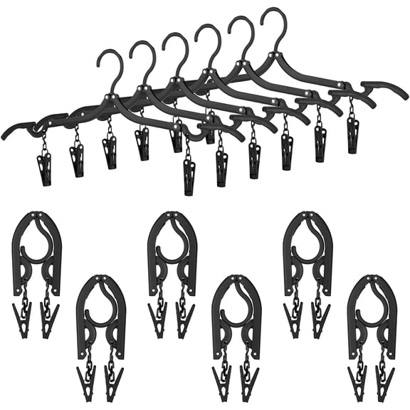 Folding Travel Hangers Foldable with Clips Folding Clothes Hangers Portable Foldable Hangers Collapsible Coat Hanger Travel Drying Rack for Clothes (Black, 12 Pieces)