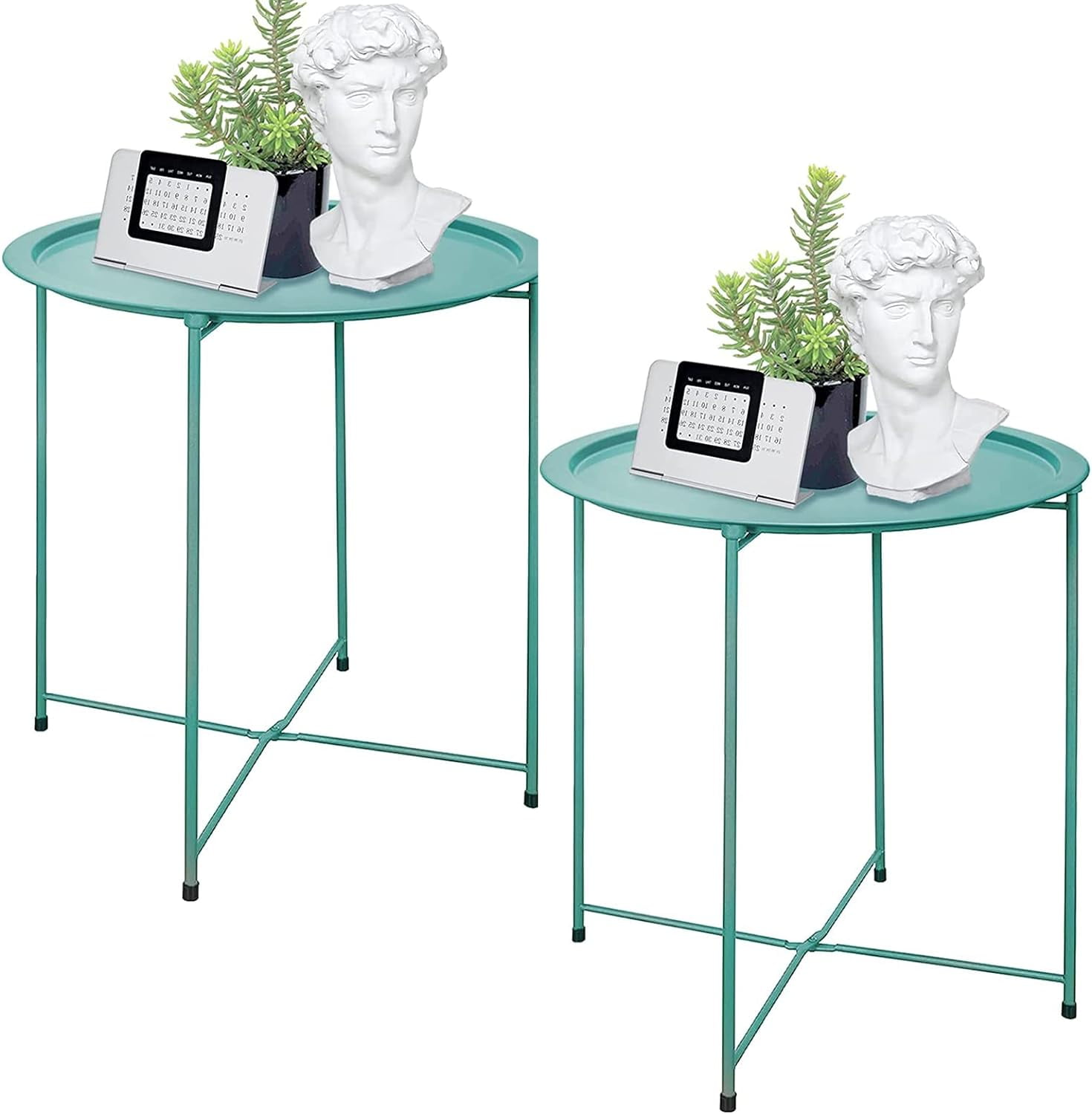 Folding Tray Metal Side Table 2PC Green Round End Table Cyan Sofa Small Accent Fold-able Table, Round End Table Tray, Next to Sofa Table, Snack Table for Living Room and Bed Room