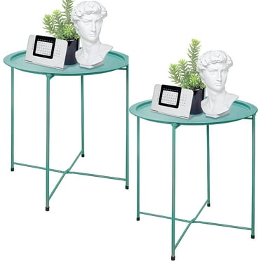 Folding Tray Metal Side Table 2PC Green Round End Table Cyan Sofa Small Accent Fold-able Table, Round End Table Tray, Next to Sofa Table, Snack Table for Living Room and Bed Room
