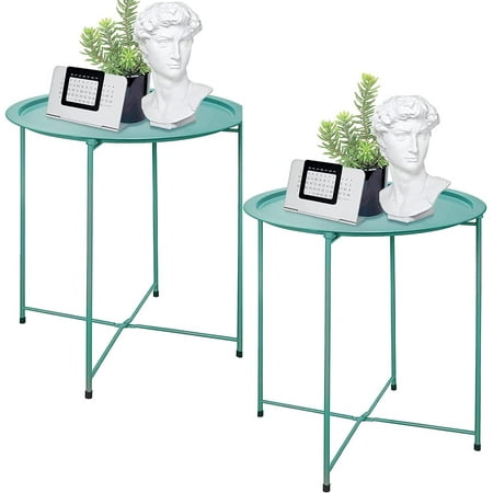 Folding Tray Metal Side Table 2PC Green Round End Table Cyan Sofa Small Accent Fold-able Table, Round End Table Tray, Next to Sofa Table, Snack Table for Living Room and Bed Room