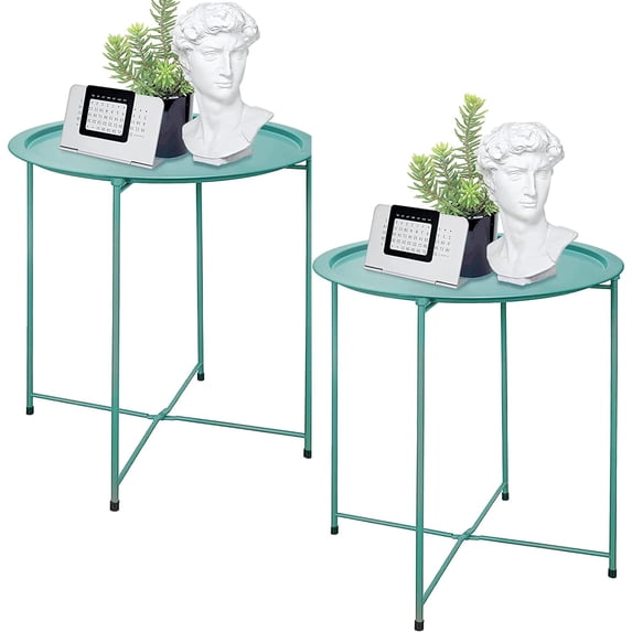 Folding Tray Metal Side Table 2PC Green Round End Table Cyan Sofa Small Accent Fold-able Table, Round End Table Tray, Next to Sofa Table, Snack Table for Living Room and Bed Room